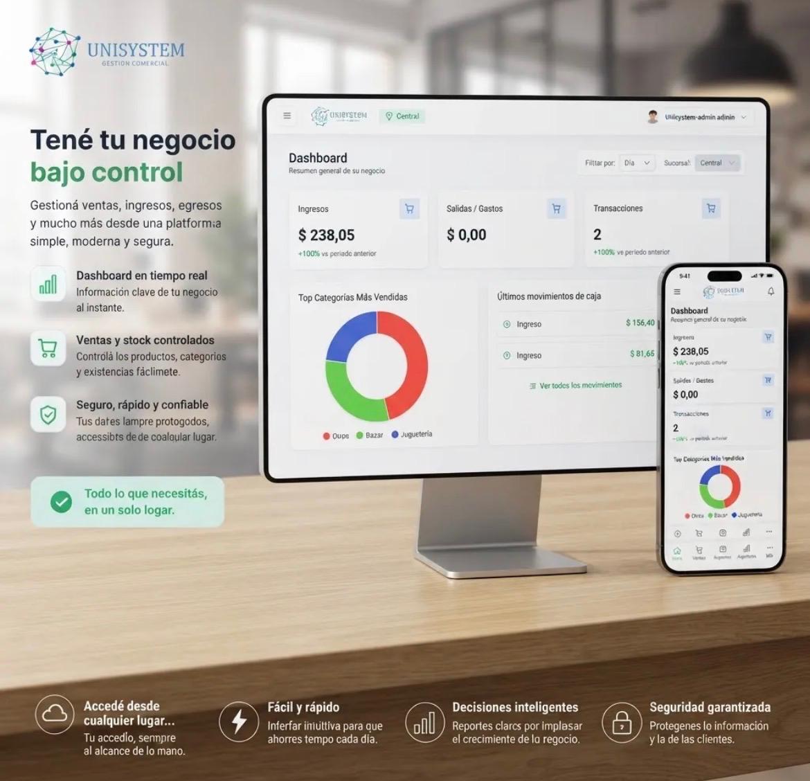 Dashboard de Unisystem para vendedores con ingresos, egresos y movimientos de caja